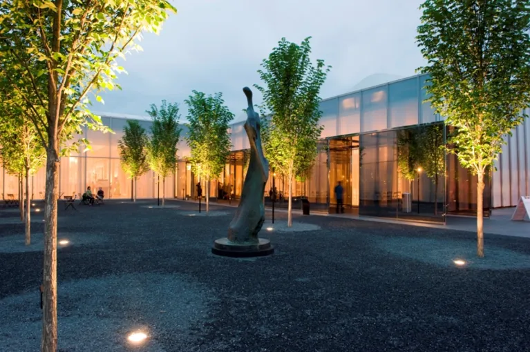 West Building courtyard and entrance at the North Carolina Museum of Art at night